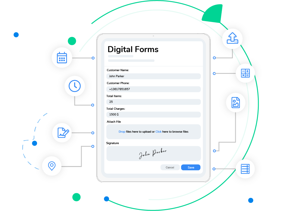 A digital form on a tablet shows fields for signatures, attachments, and various input types for versatile data collection.
