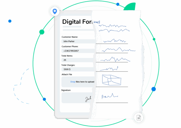 The tablet displays a digital form, illustrating Arrivy's instant data access, eliminating scanning.