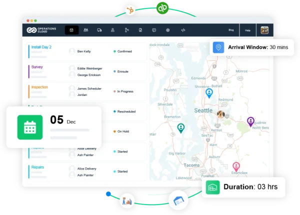 Dashboard view of Arrivy’s scheduling and dispatch software showing task statuses, arrival windows, and durations on a live map interface.